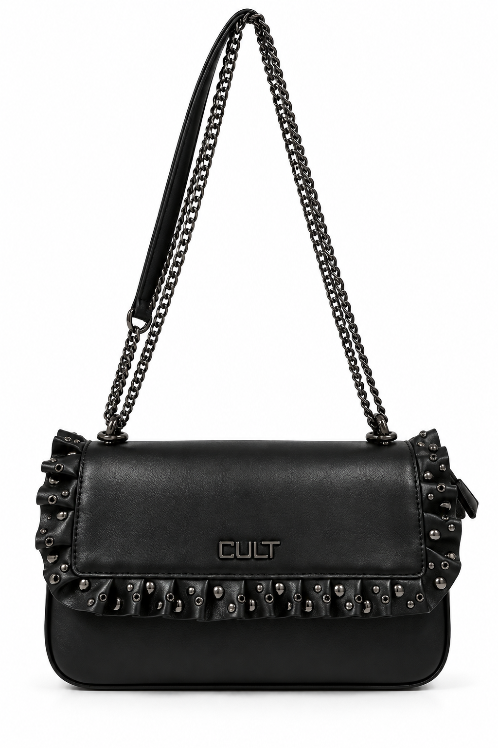 Borsa CULT Yoko – Nera con ruches, borchie e catena
