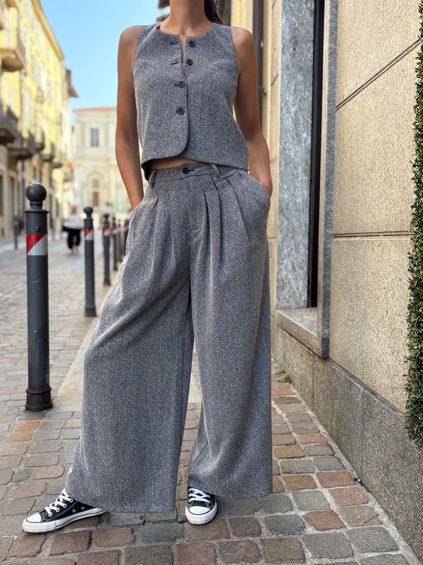 Pantalone Palazzo in Tweed Grigio