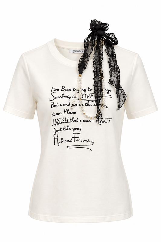 T-shirt Fracomina con collana pizzo e perle – Cream