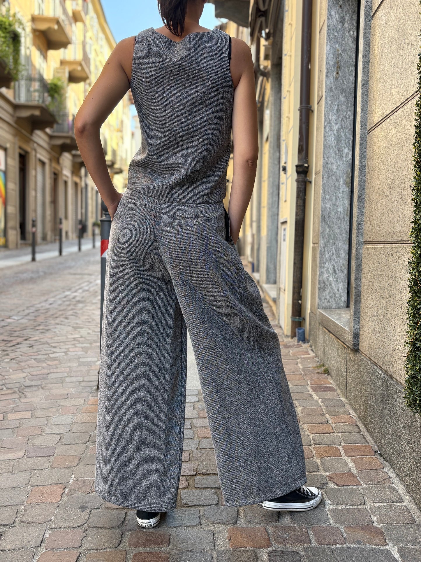 Pantalone Palazzo in Tweed Grigio