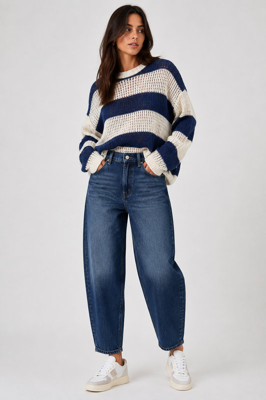 Maglia girocollo a righe bianca e blu FRACOMINA
