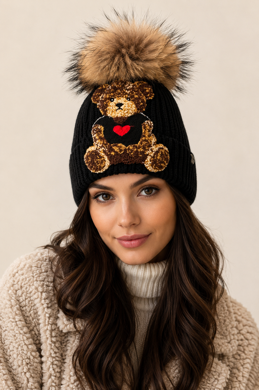Cappello Regina 100% Lana con Orsetto – Nero