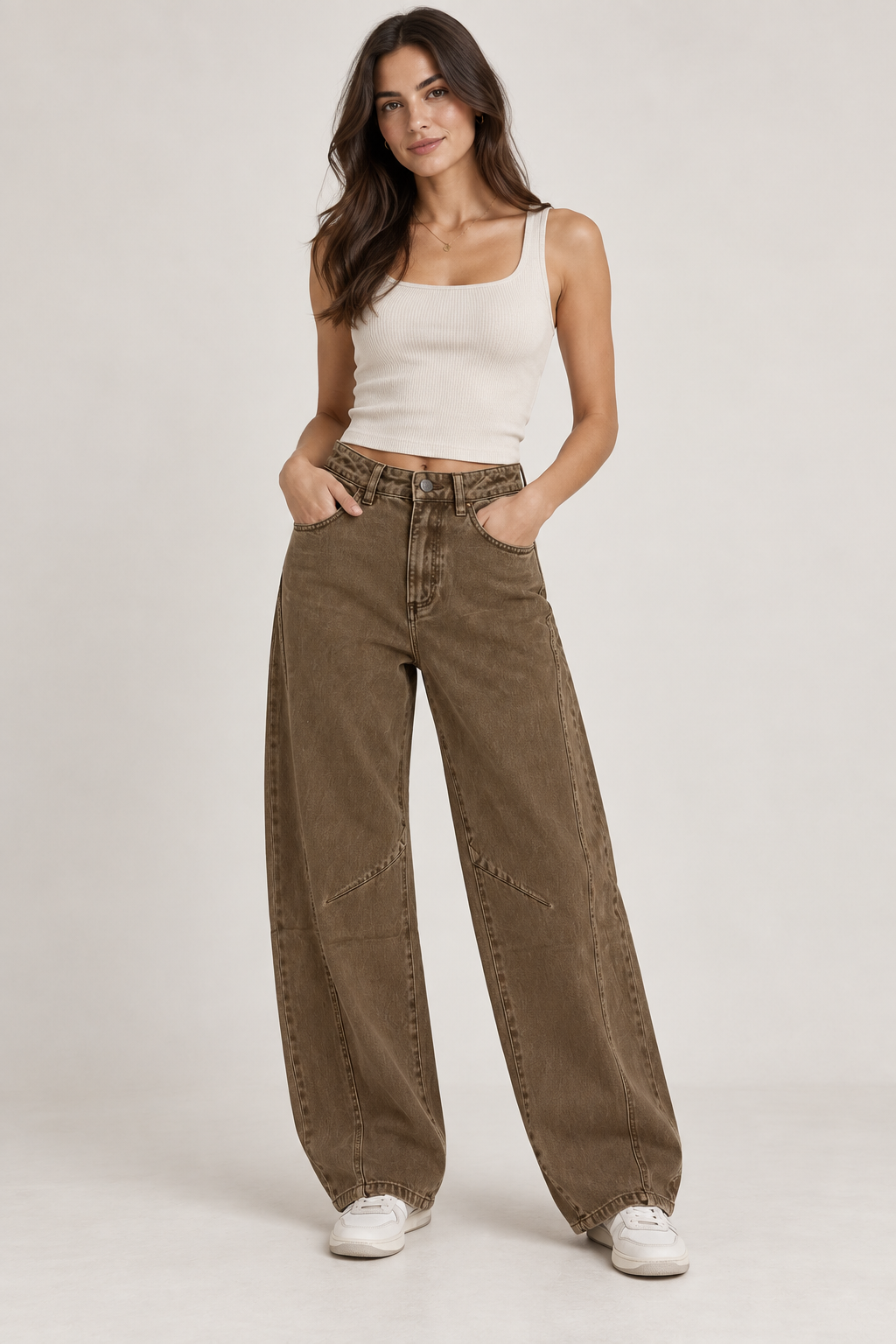 Jeans wide leg color fango