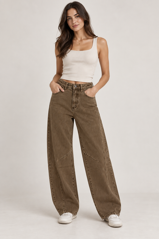Jeans wide leg color fango