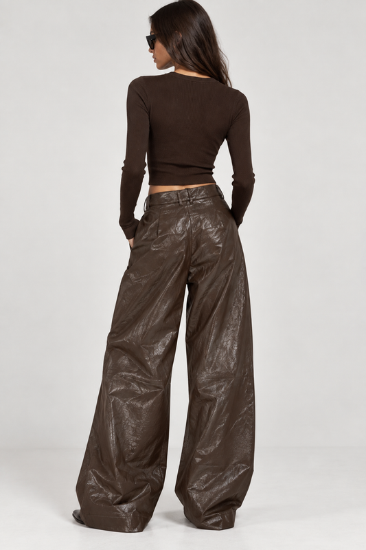 Pantalone barrel effetto pelle color testa di moro ELEH
