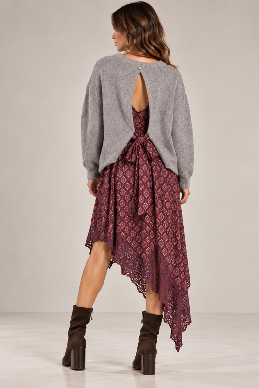 Maglia Grigia con Schiena Aperta e Fiocco Fantasia – Dixie