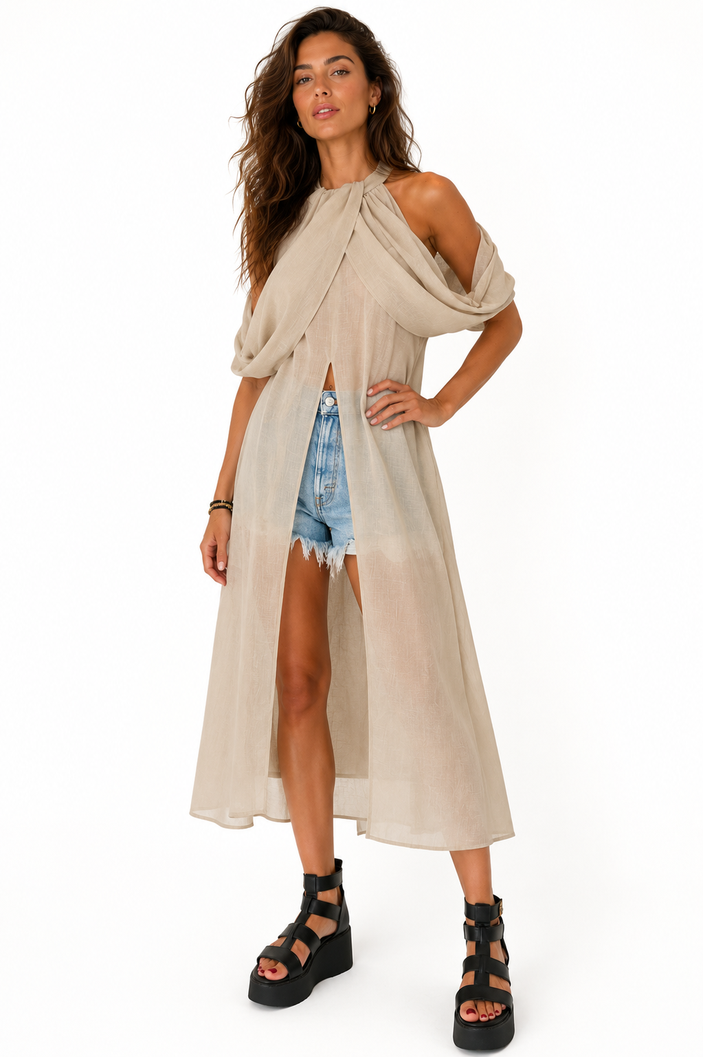 Top lungo drappeggiato color fango