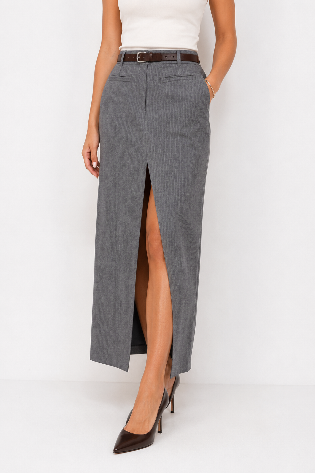 Gonna Midi Gessata ELEH con Cintura – Grigio Melange
