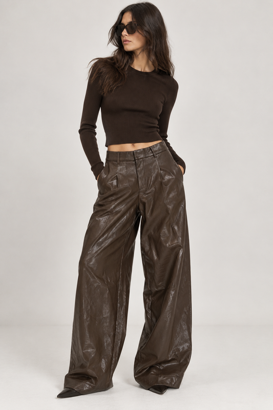 Pantalone barrel effetto pelle color testa di moro ELEH