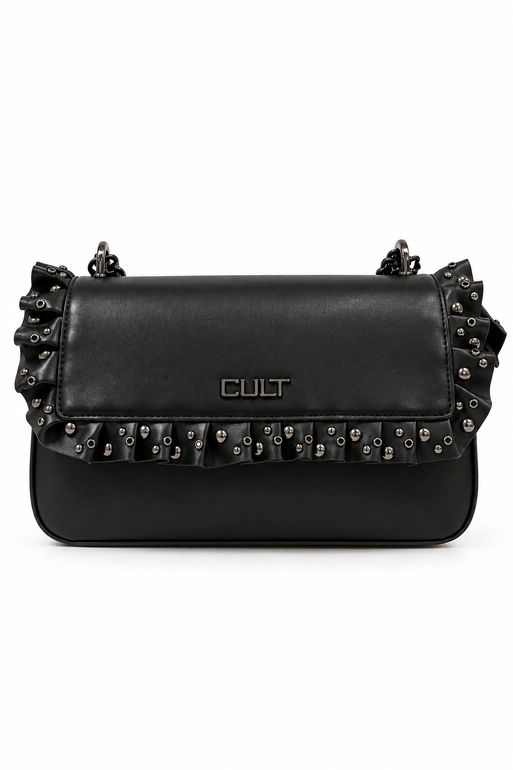 Borsa CULT Yoko – Nera con ruches, borchie e catena