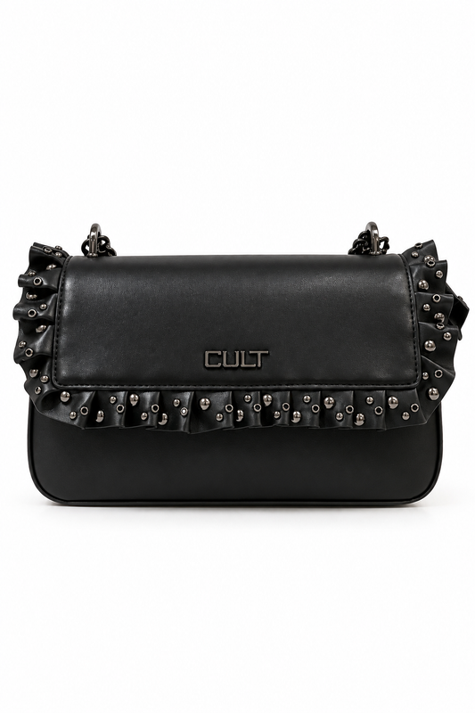 Borsa CULT Yoko – Nera con ruches, borchie e catena