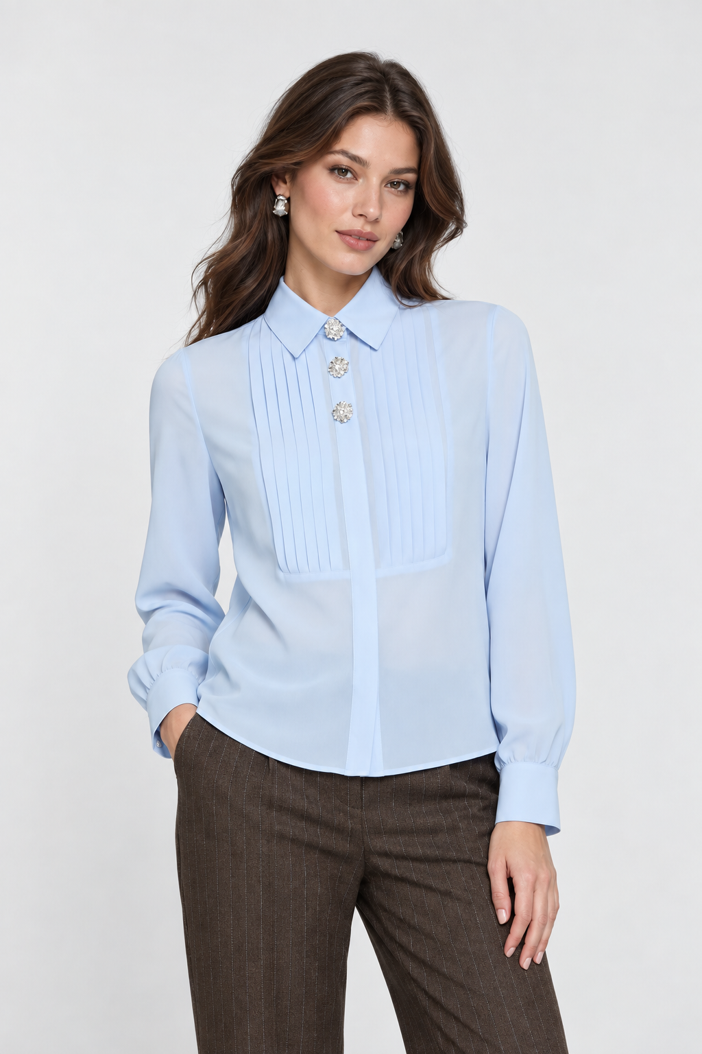 Camicia BARELA celeste con Plissé e Copribottoni Gioiello