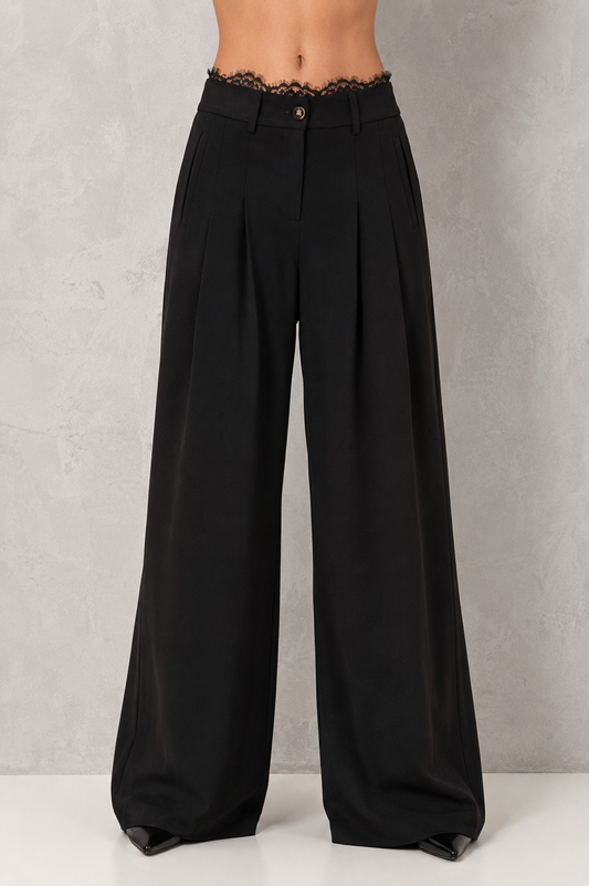 Pantalone nero a palazzo con dettagli in pizzo FRACOMINA