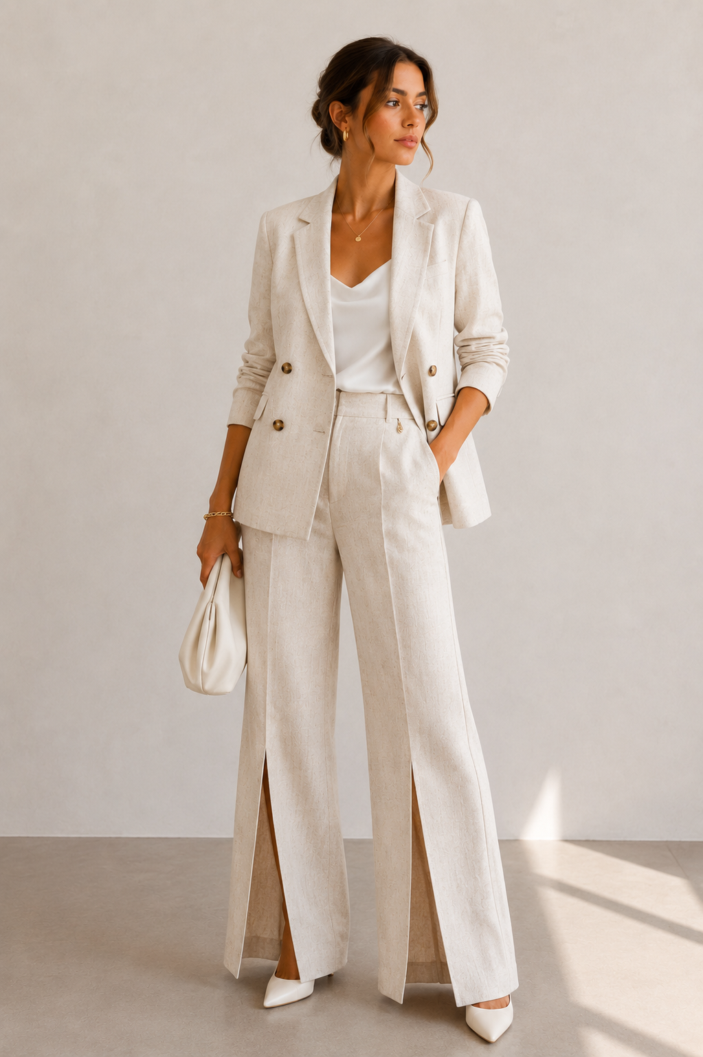 Pantalone Palazzo in Misto Lino con Spacco Frontale