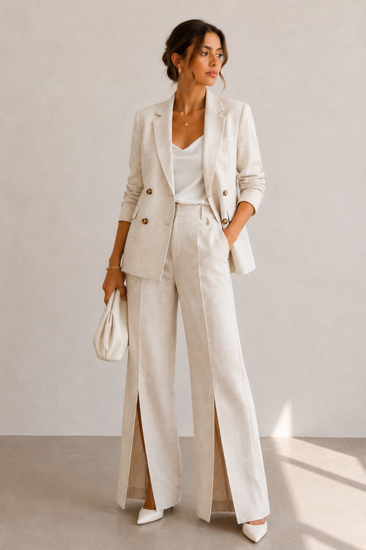 Pantalone Palazzo in Misto Lino con Spacco Frontale