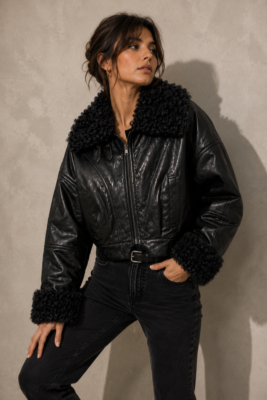 Giacca Biker ELEH con Collo in Eco Pelliccia – Nero
