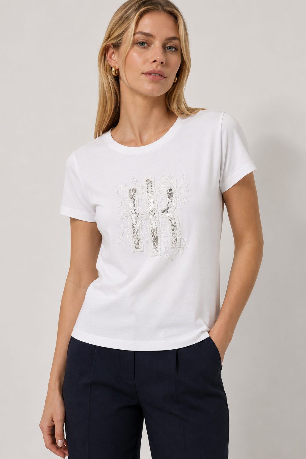T-shirt Bianca con Ricamo in Pizzo