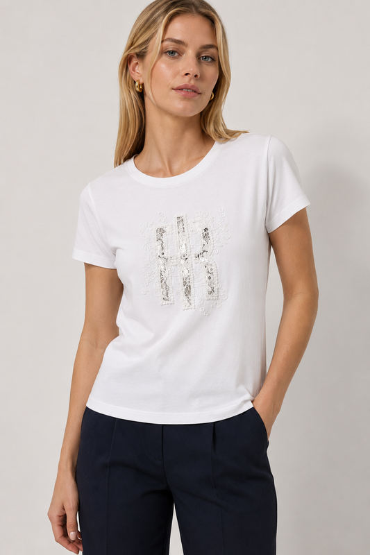 T-shirt Bianca con Ricamo in Pizzo