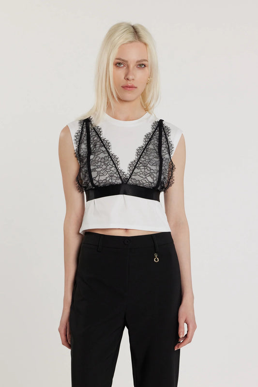 T-Shirt CAROLE corta maniche corte aletta con inserto lingerie pizzo