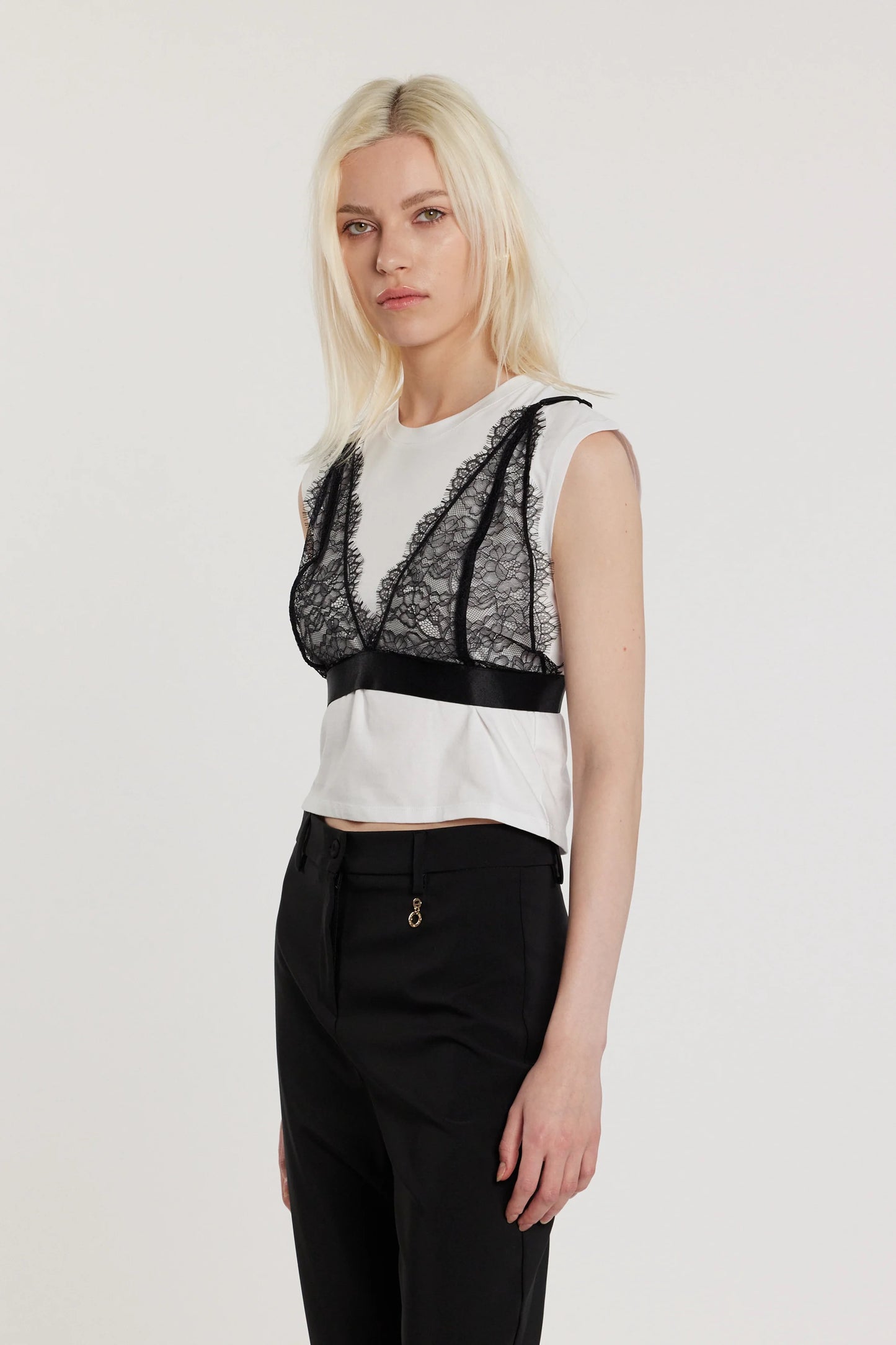 T-Shirt CAROLE corta maniche corte aletta con inserto lingerie pizzo