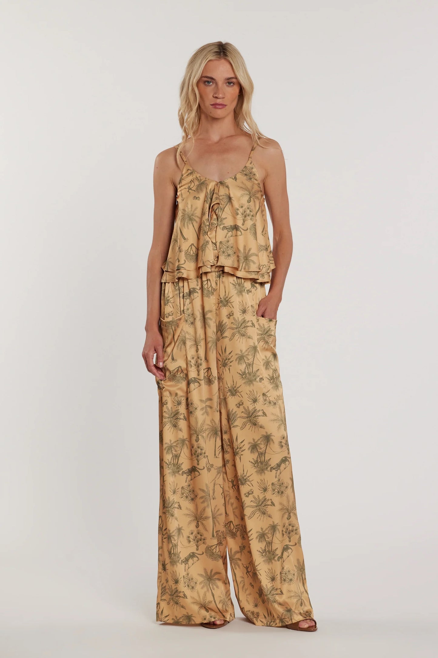 Pantalone SCARLETT vita alta palazzo con coulisse più tasconi fantasia tropical