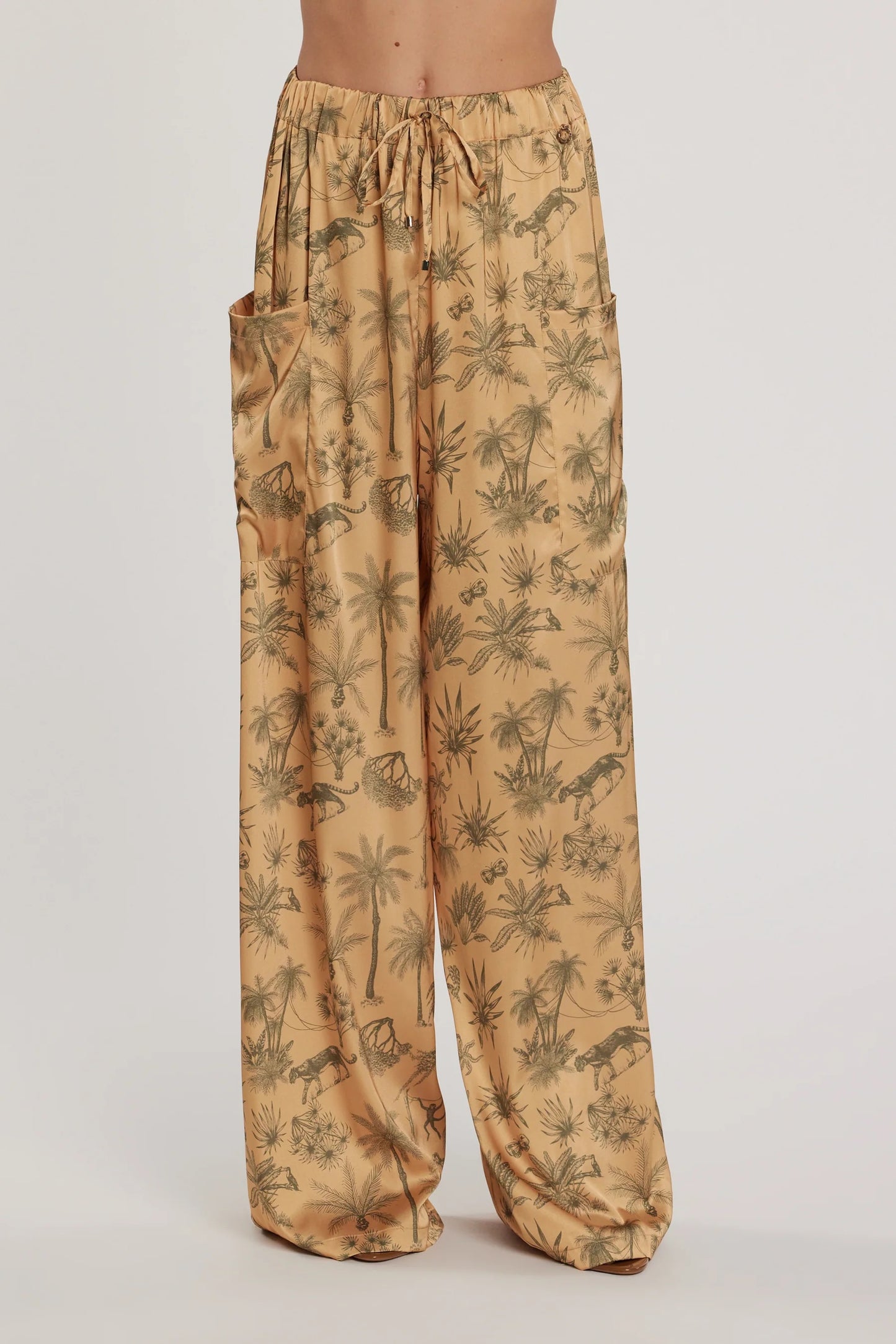 Pantalone SCARLETT vita alta palazzo con coulisse più tasconi fantasia tropical