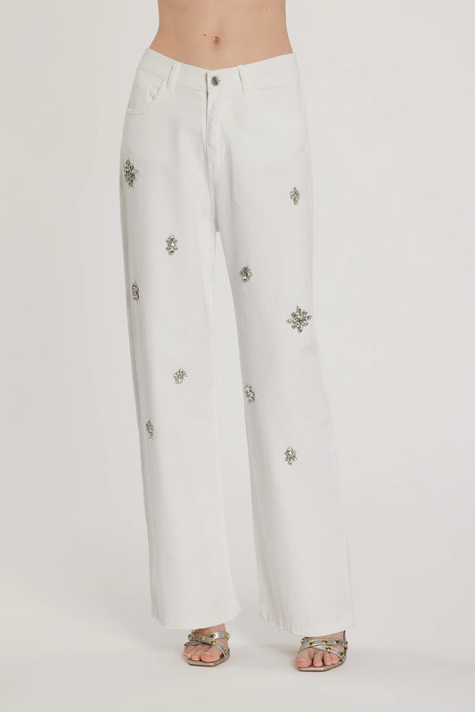 Pantalone GISELLE_15 vita media cinque tasche con applicazioni pietre loose fit bull