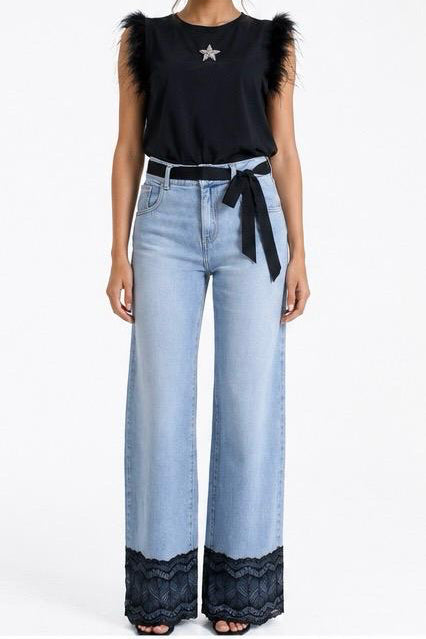 Pantalone ELLELONG_27 vita media con cintura più applicazioni pizzo fondo straight fit denim blu
